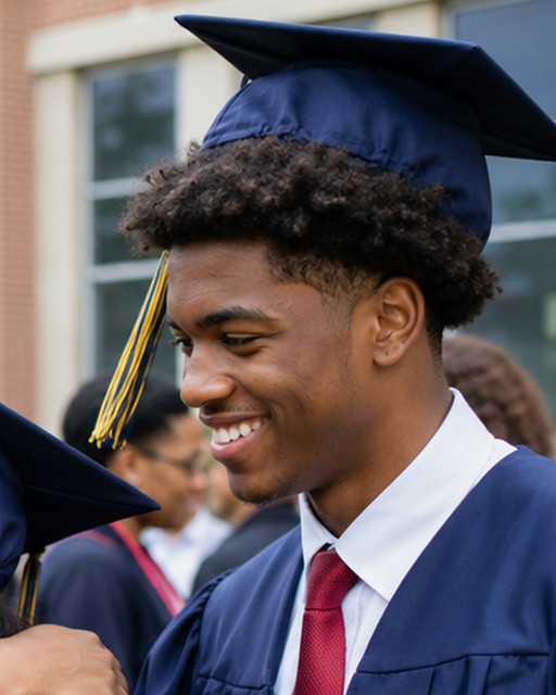 A smiling young graduate in a navy cap and gown